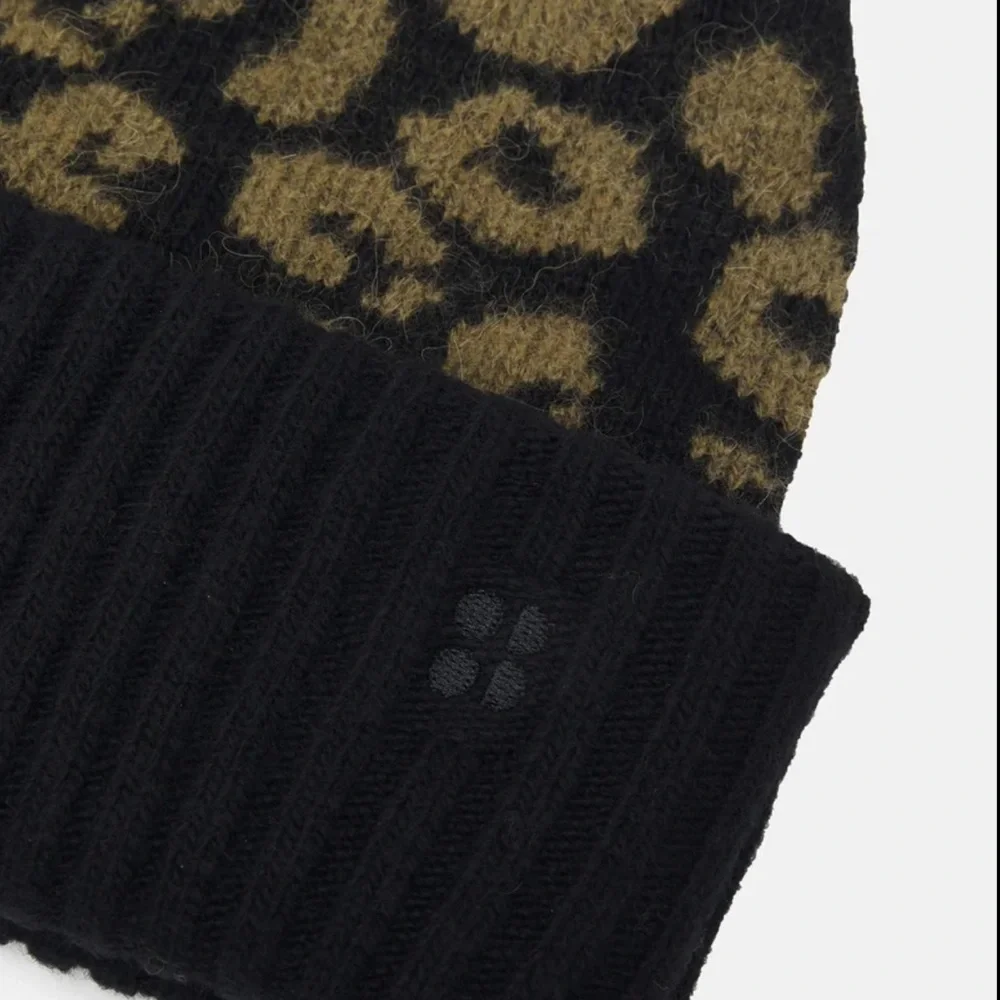 SWEATY BETTY JACQUARD LEOPARD PRINT KNIT BEANIE WOOL BLEND BLACK OS NWT